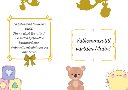 Personlig Dikt - Bebiskort "Welcome baby - guld"