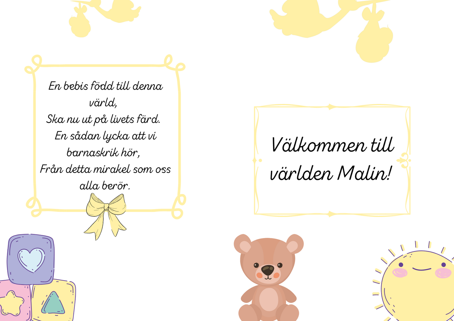 Personlig Dikt - Bebiskort "Welcome baby - gul"