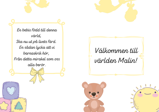 Personlig Dikt - Bebiskort "Welcome baby - gul"