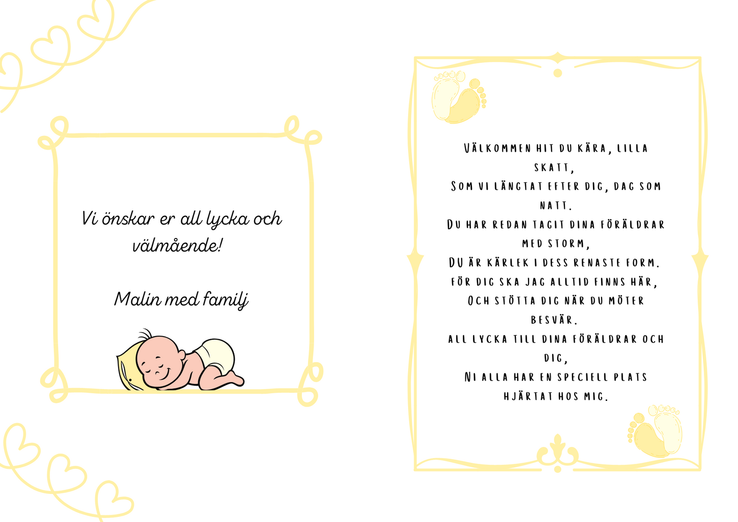 Personlig Dikt - Bebiskort "Welcome baby - gul"