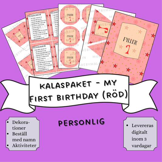 Kalaspaket - My first birthday (röd/gul) personlig