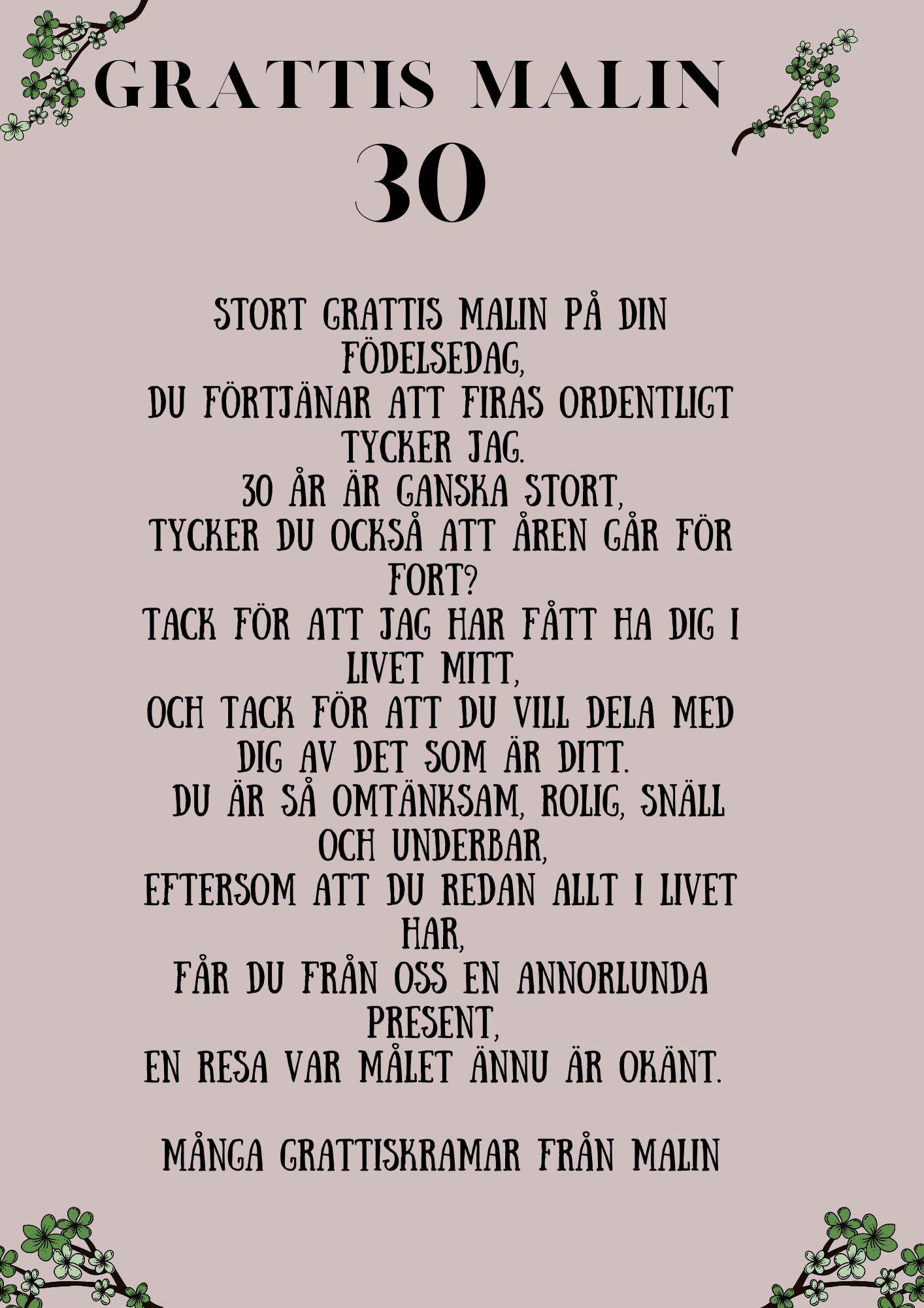 Personlig Dikt - Grattiskort "Gröna blommor" (ensidigt)