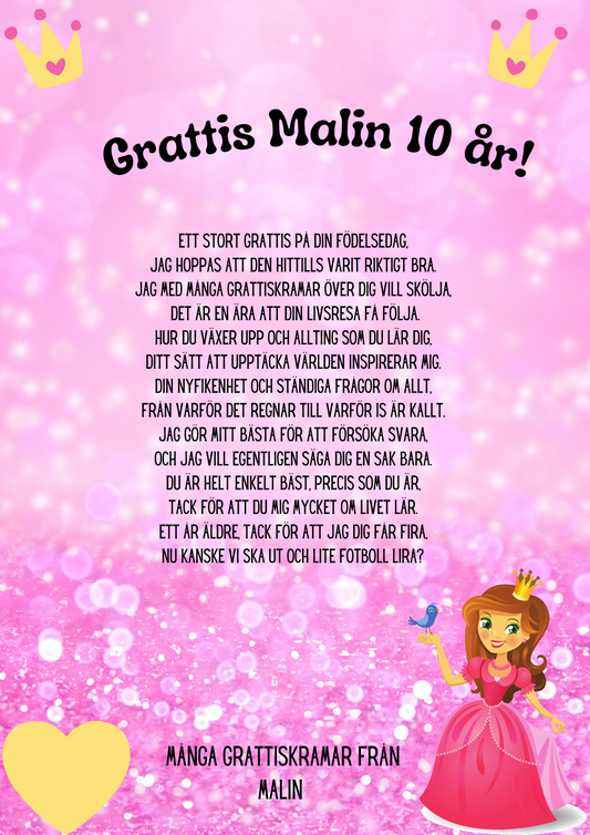 Personlig Dikt - Grattiskort "Rosa prinsessa"